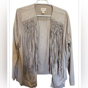 Chico’s Faux Suede Fringe Jacket / Topper | Boho Western Open Front Taupe Size 2